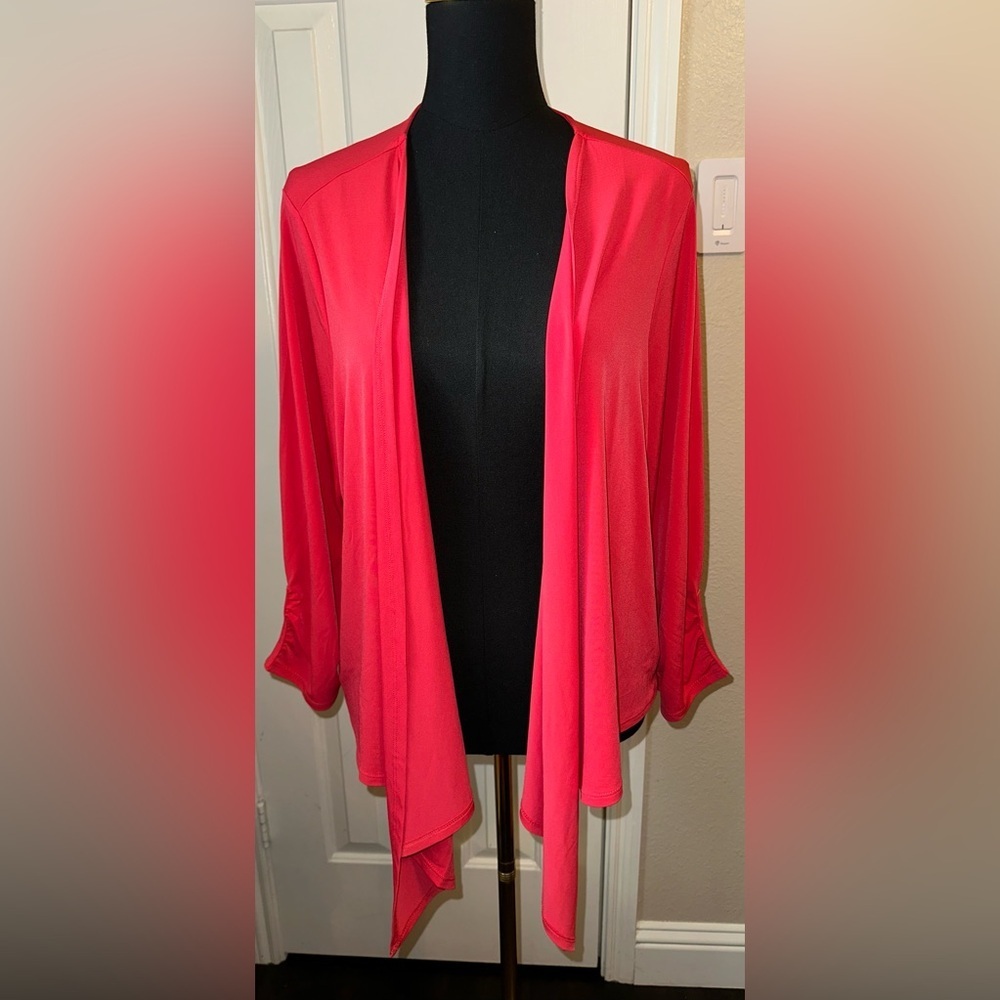 Susan Graver Women’s 2X Coral Pink Open Front Cardigan Ruched Sleeves Stretch